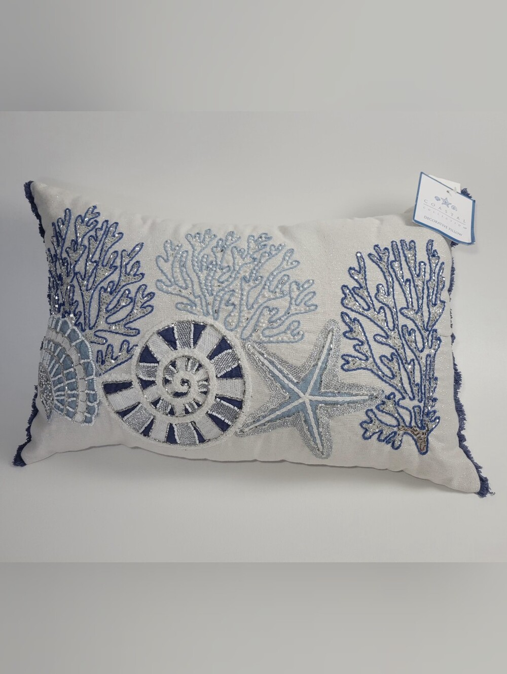 Coastal Collection Nautical Beach Beaded Embroidered Pillow 14x22 Starfish,Shell